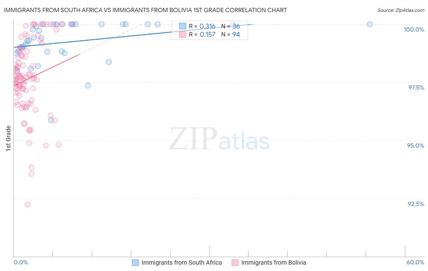 Immigrants from South Africa vs Immigrants from Bolivia 1st Grade