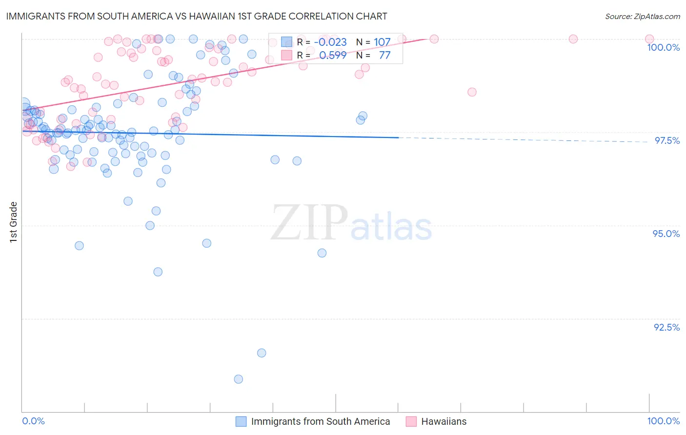 Immigrants from South America vs Hawaiian 1st Grade