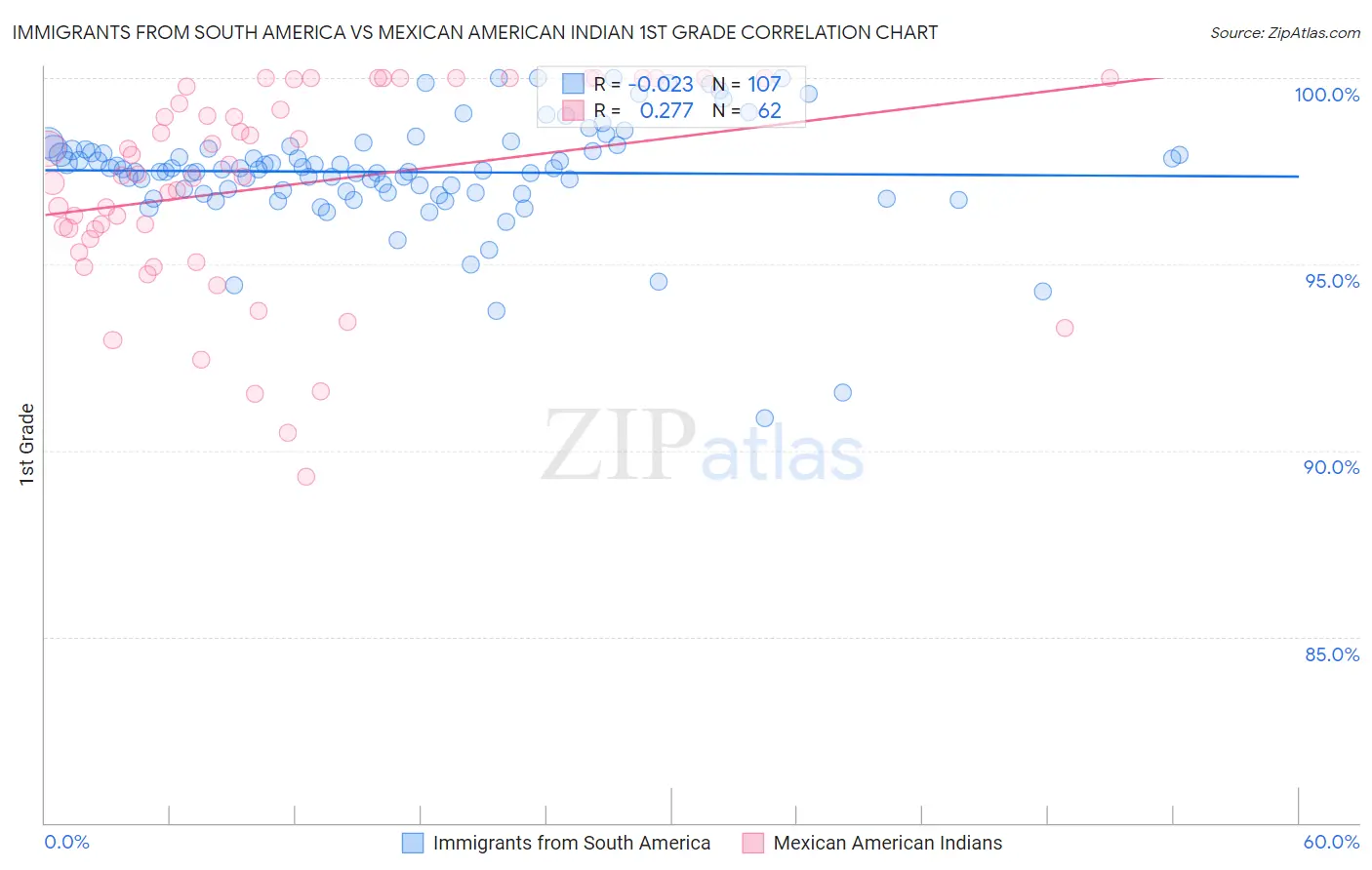 Immigrants from South America vs Mexican American Indian 1st Grade