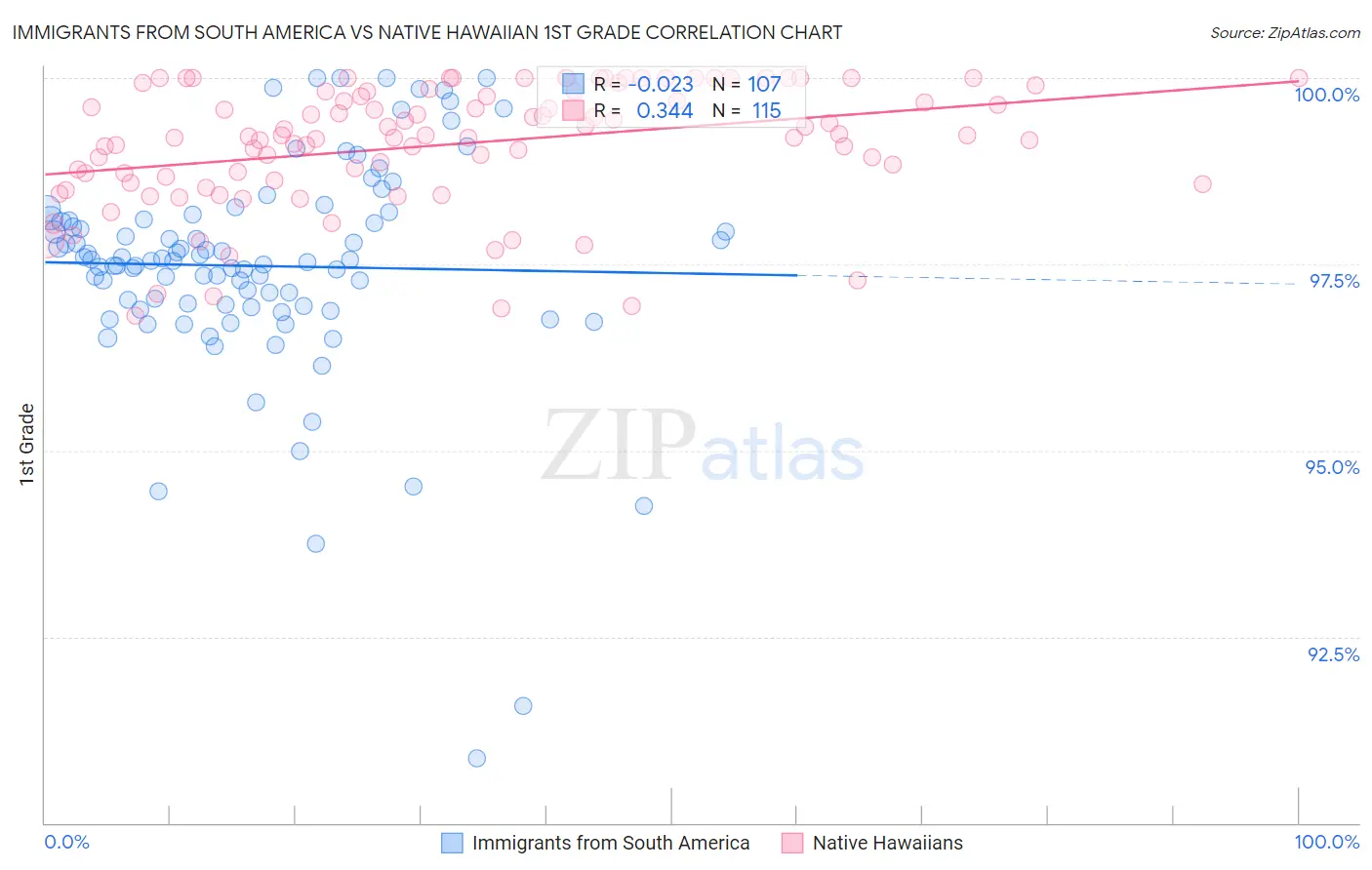 Immigrants from South America vs Native Hawaiian 1st Grade
