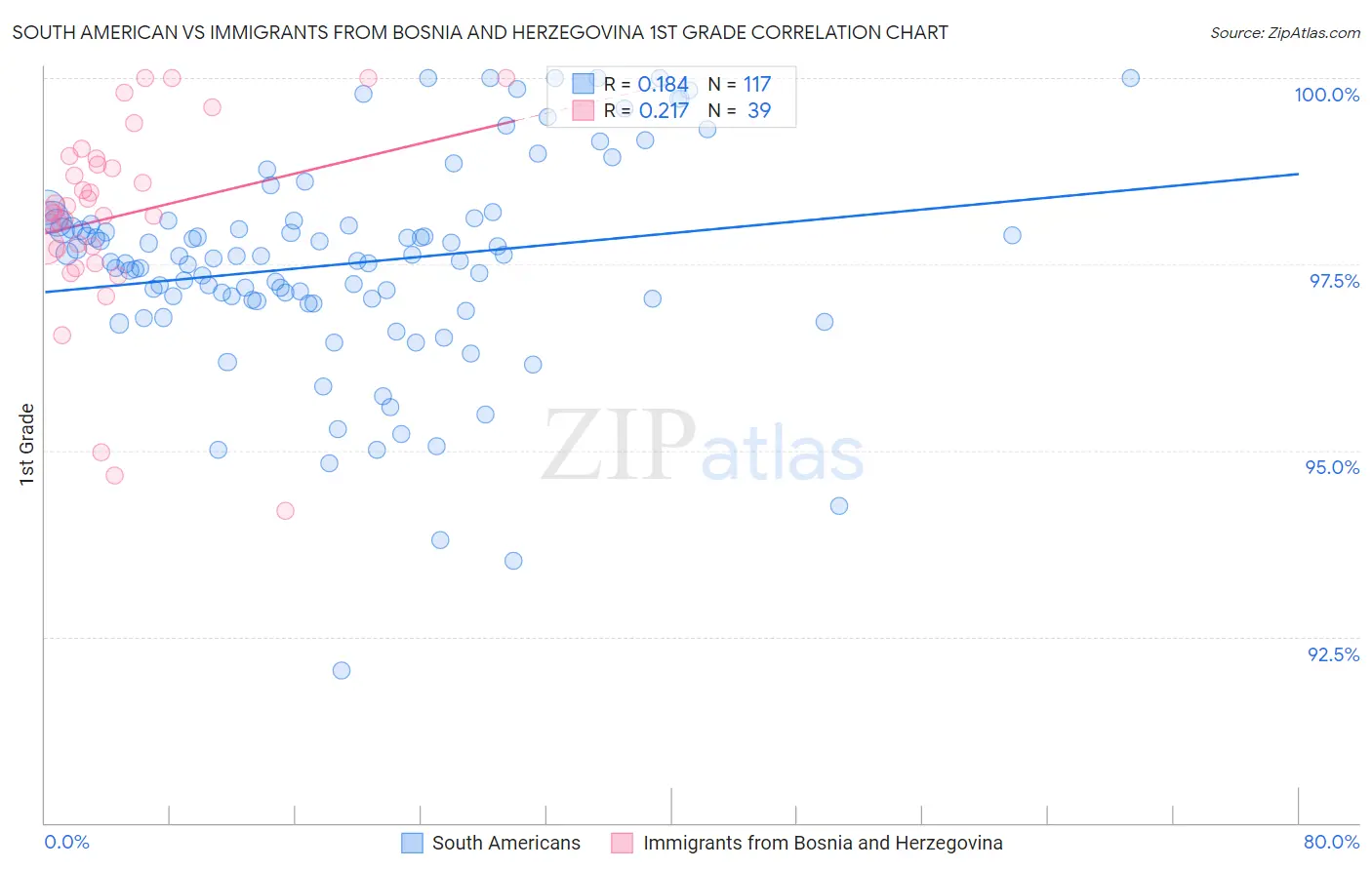 South American vs Immigrants from Bosnia and Herzegovina 1st Grade