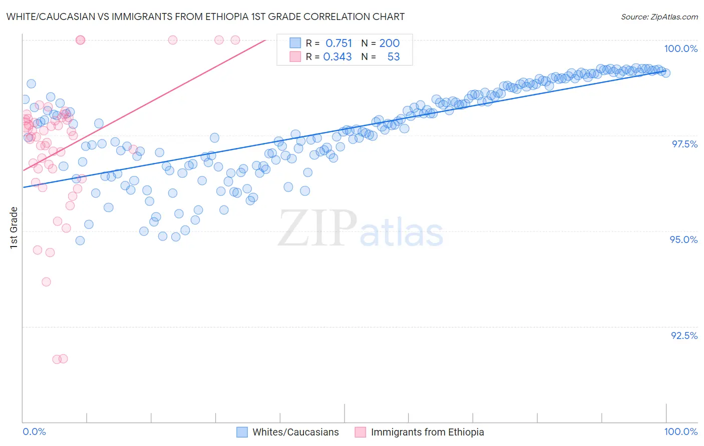 White/Caucasian vs Immigrants from Ethiopia 1st Grade