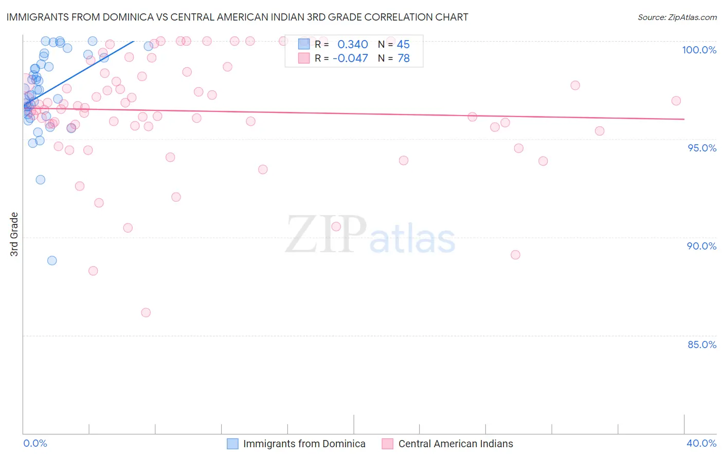 Immigrants from Dominica vs Central American Indian 3rd Grade