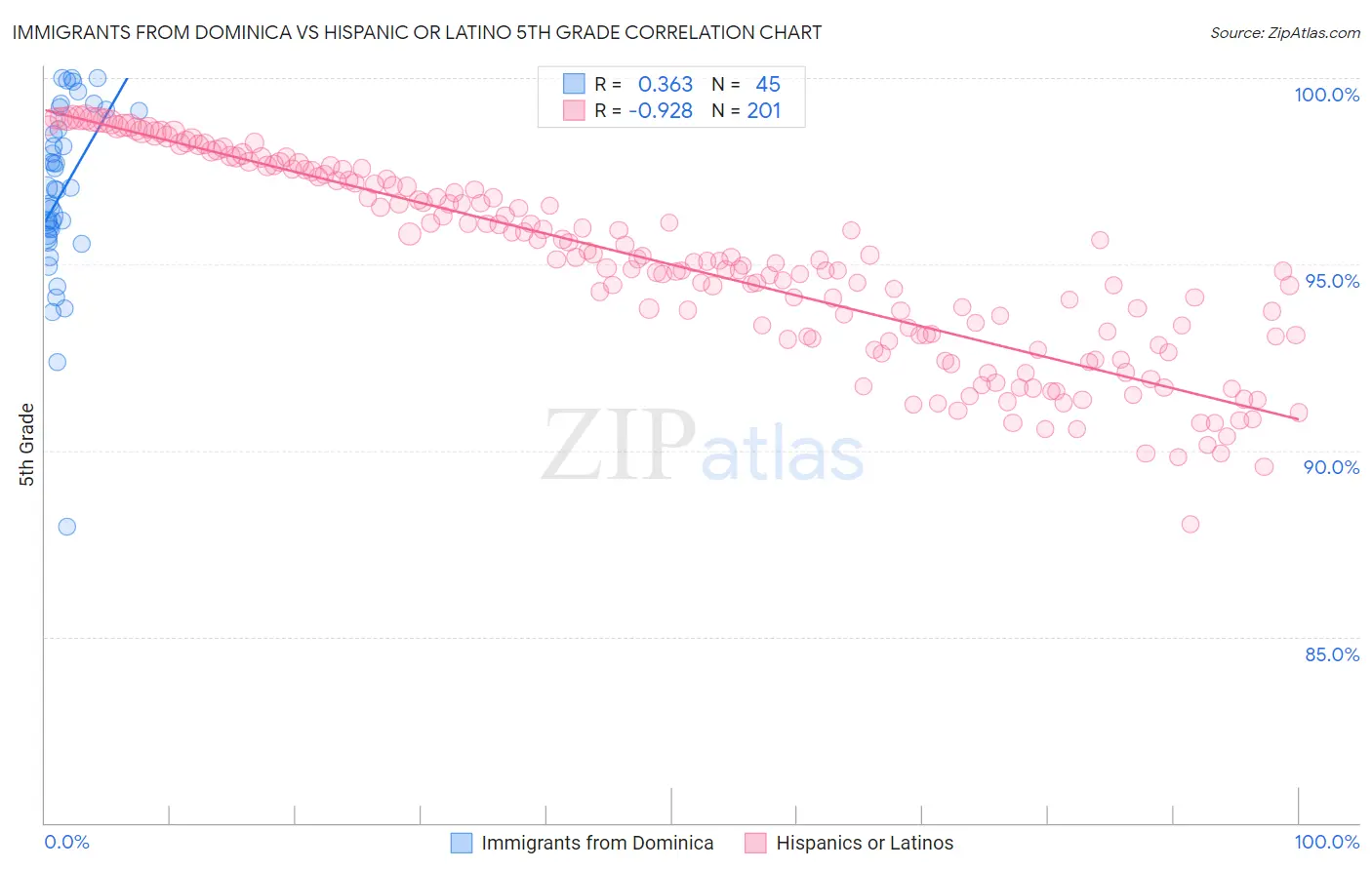 Immigrants from Dominica vs Hispanic or Latino 5th Grade