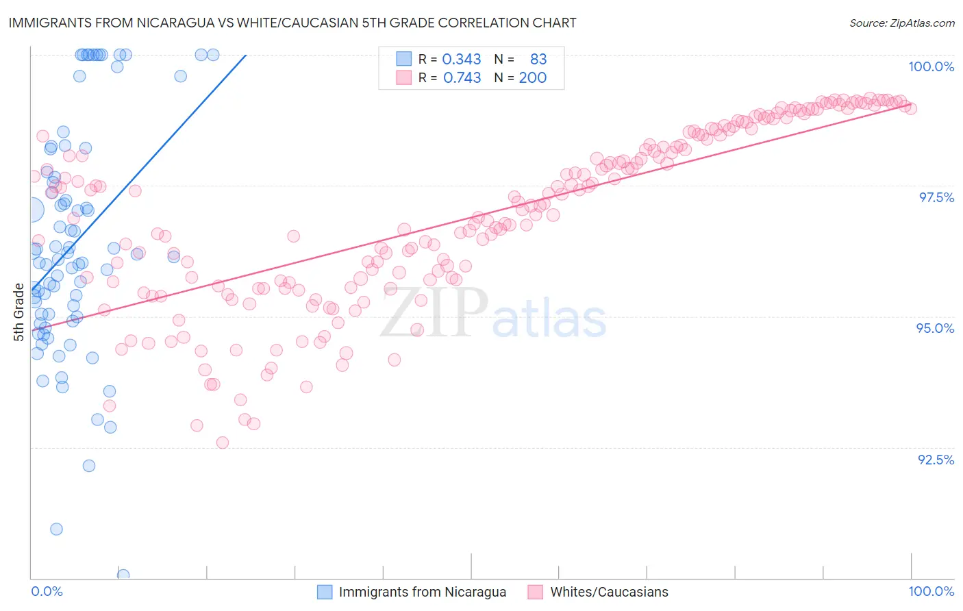 Immigrants from Nicaragua vs White/Caucasian 5th Grade