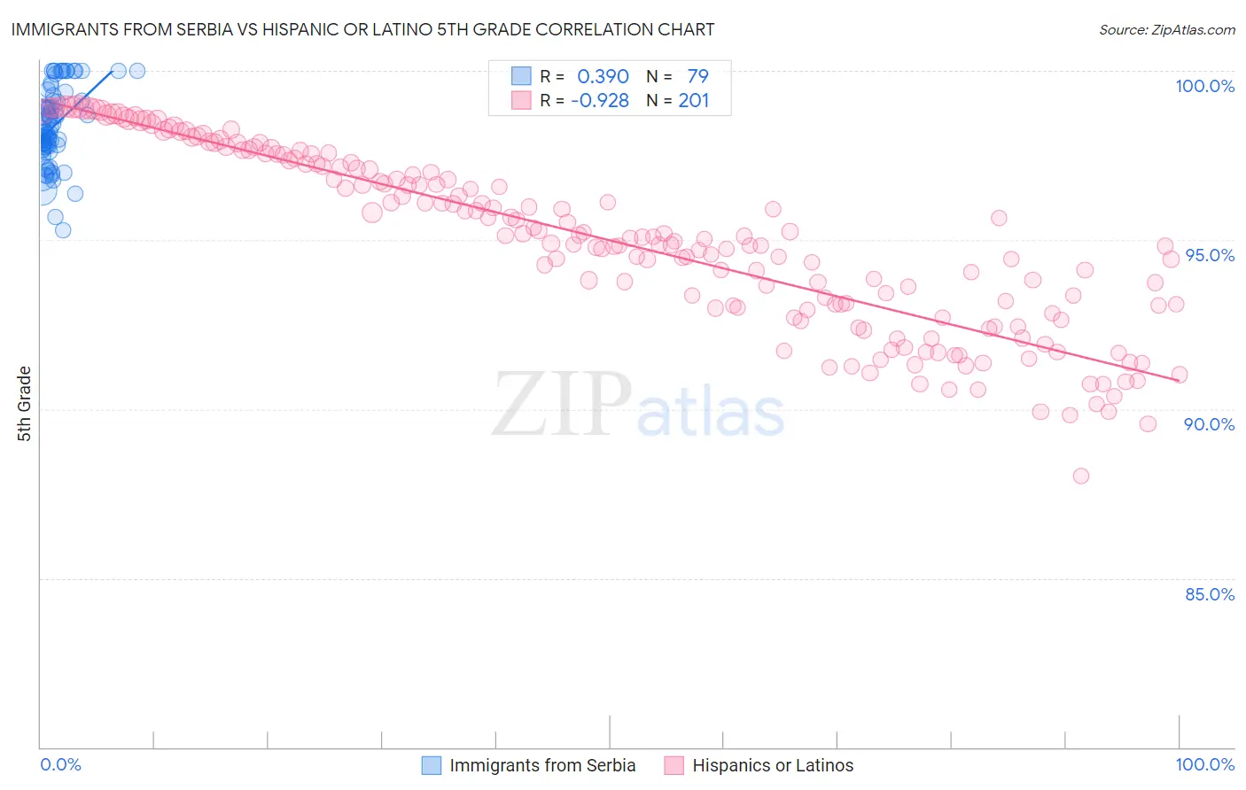Immigrants from Serbia vs Hispanic or Latino 5th Grade