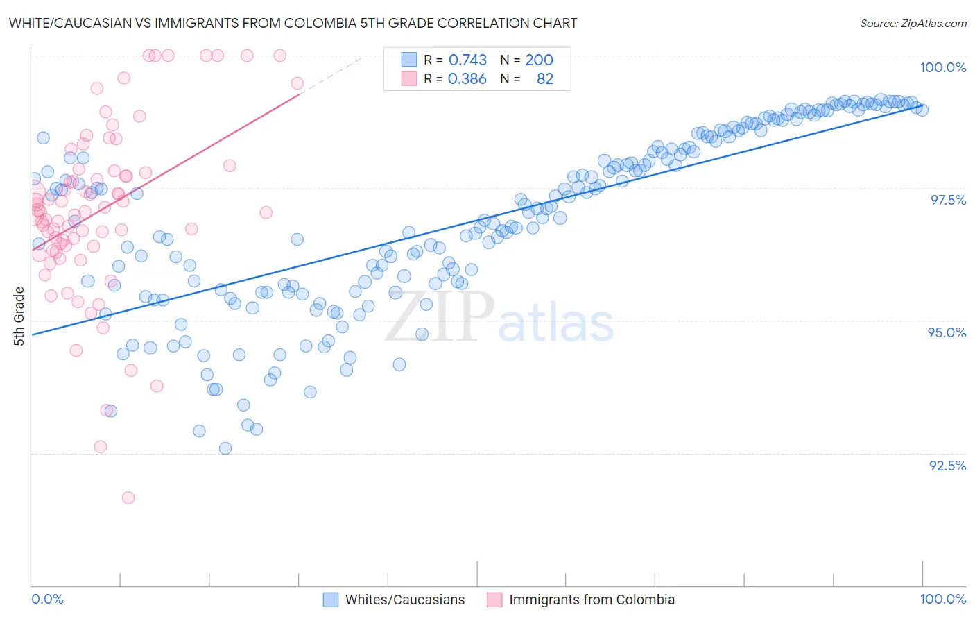 White/Caucasian vs Immigrants from Colombia 5th Grade