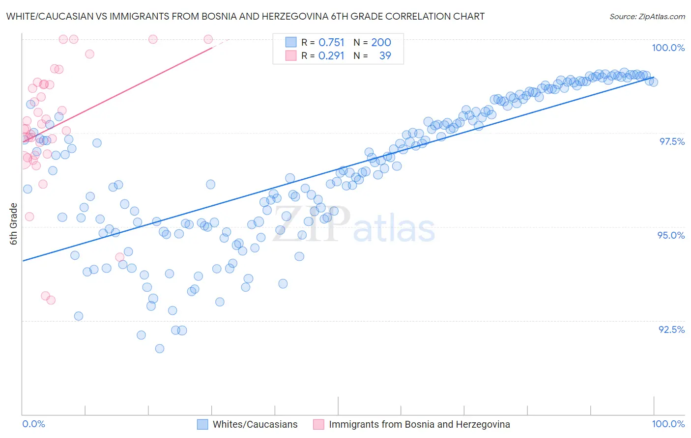 White/Caucasian vs Immigrants from Bosnia and Herzegovina 6th Grade