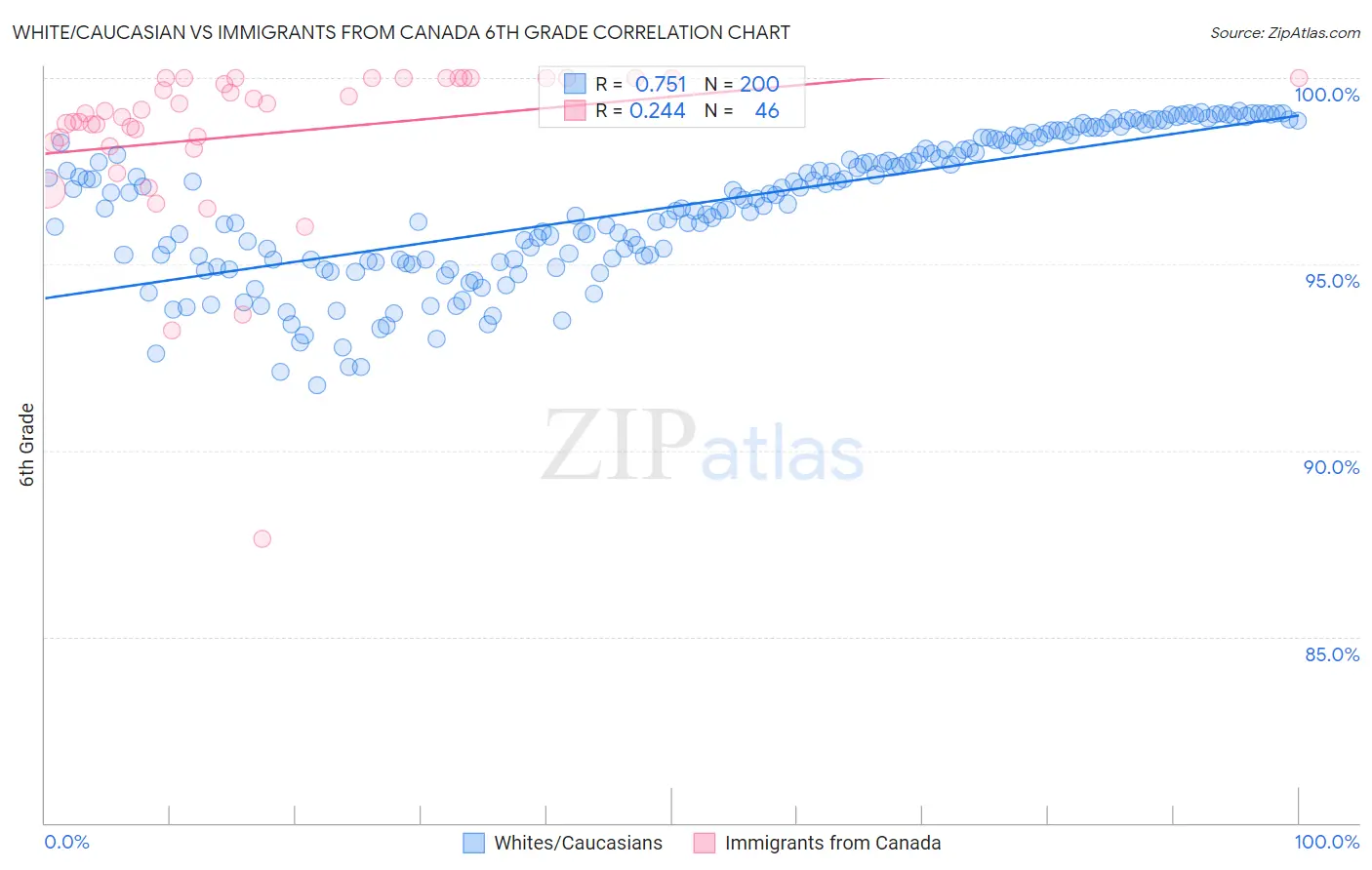 White/Caucasian vs Immigrants from Canada 6th Grade