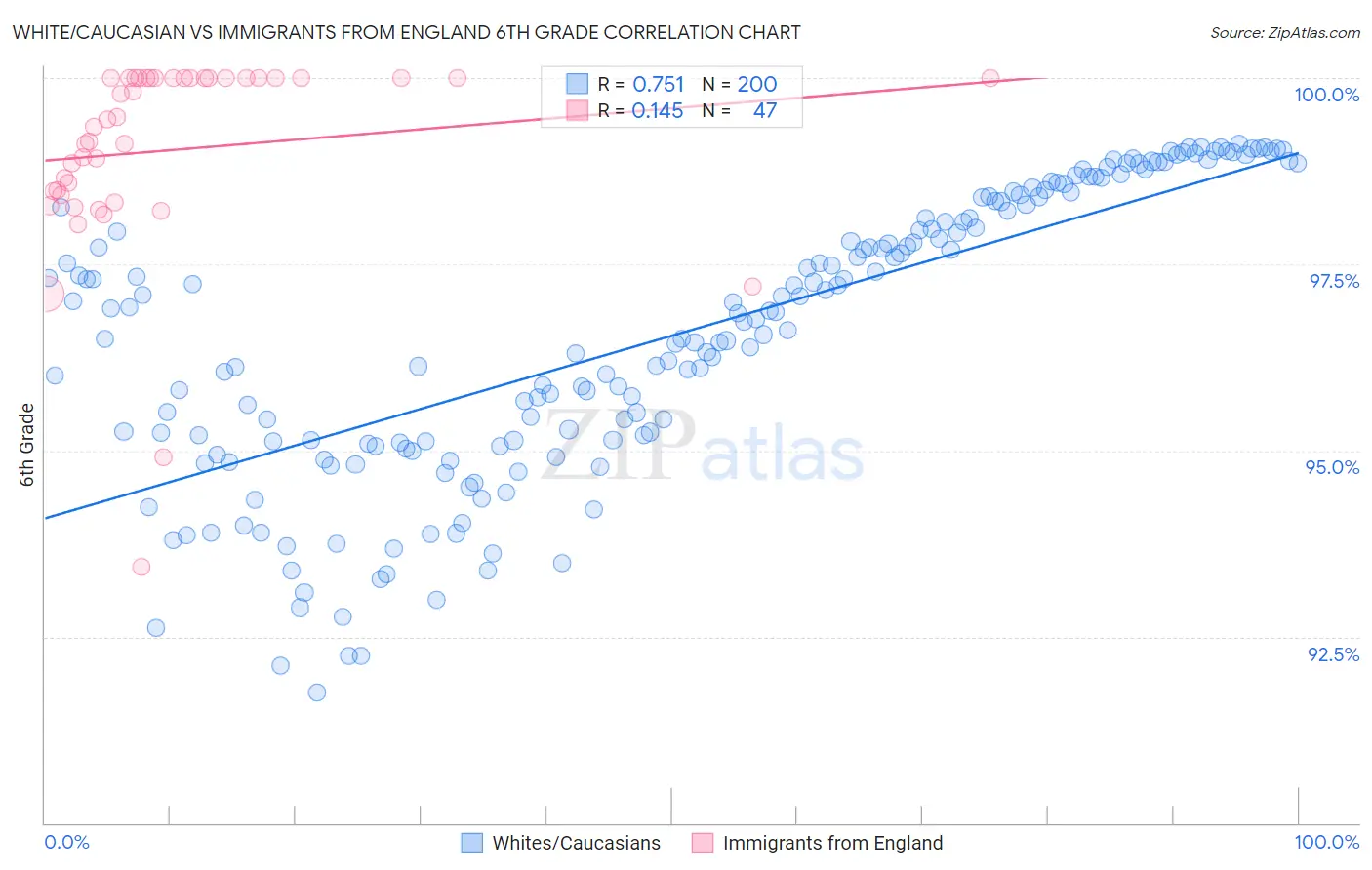 White/Caucasian vs Immigrants from England 6th Grade