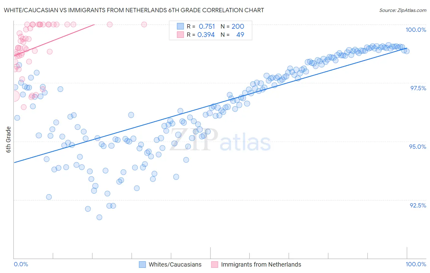 White/Caucasian vs Immigrants from Netherlands 6th Grade