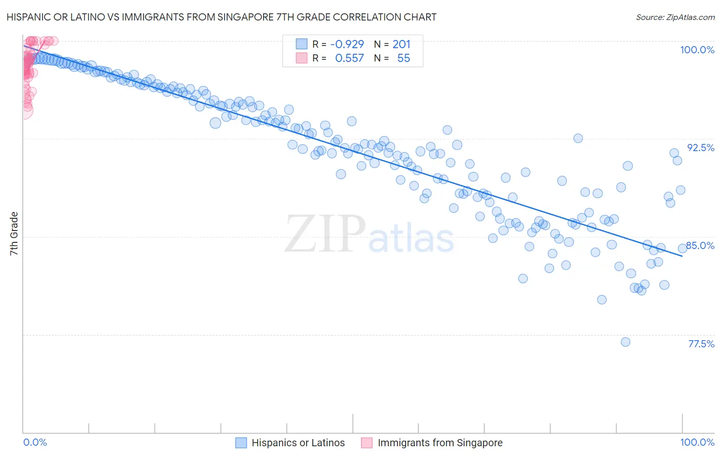 Hispanic or Latino vs Immigrants from Singapore 7th Grade