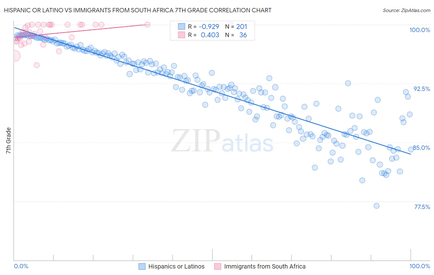 Hispanic or Latino vs Immigrants from South Africa 7th Grade