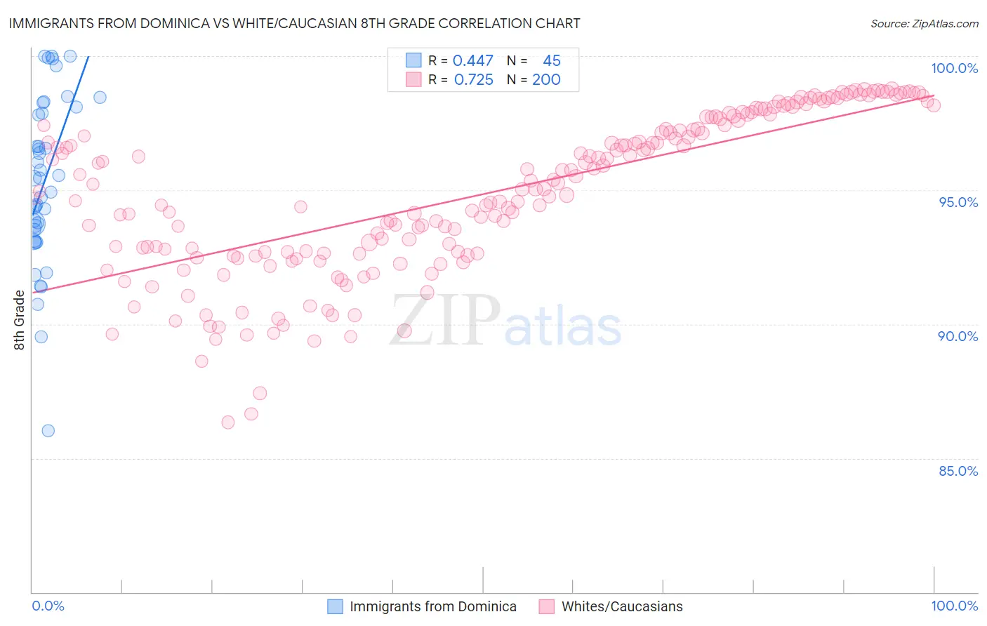 Immigrants from Dominica vs White/Caucasian 8th Grade