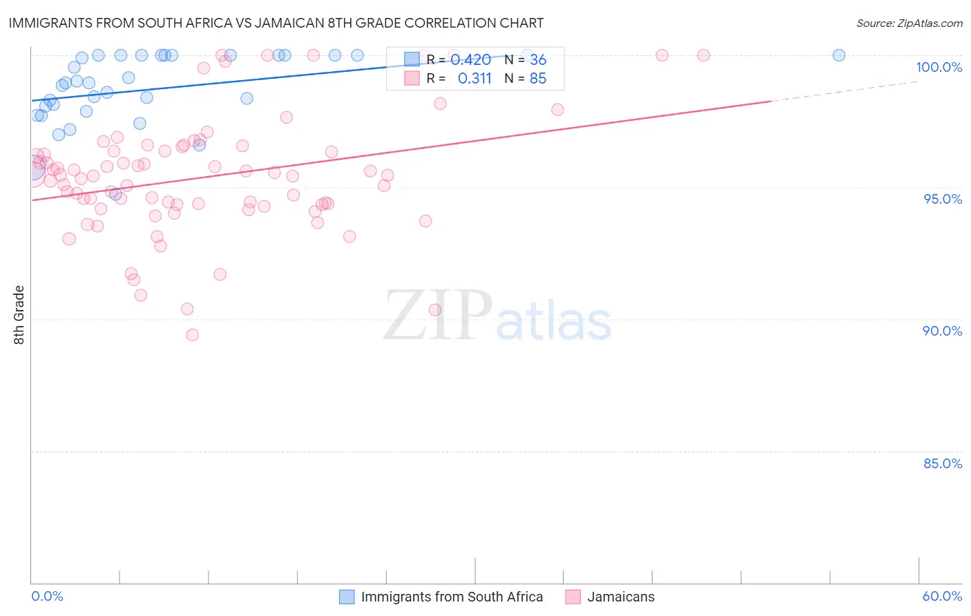 Immigrants from South Africa vs Jamaican 8th Grade