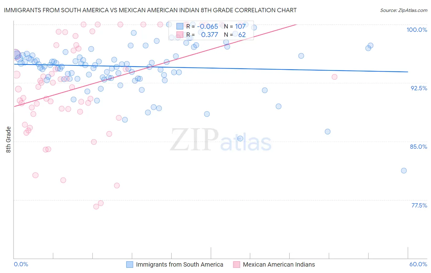 Immigrants from South America vs Mexican American Indian 8th Grade