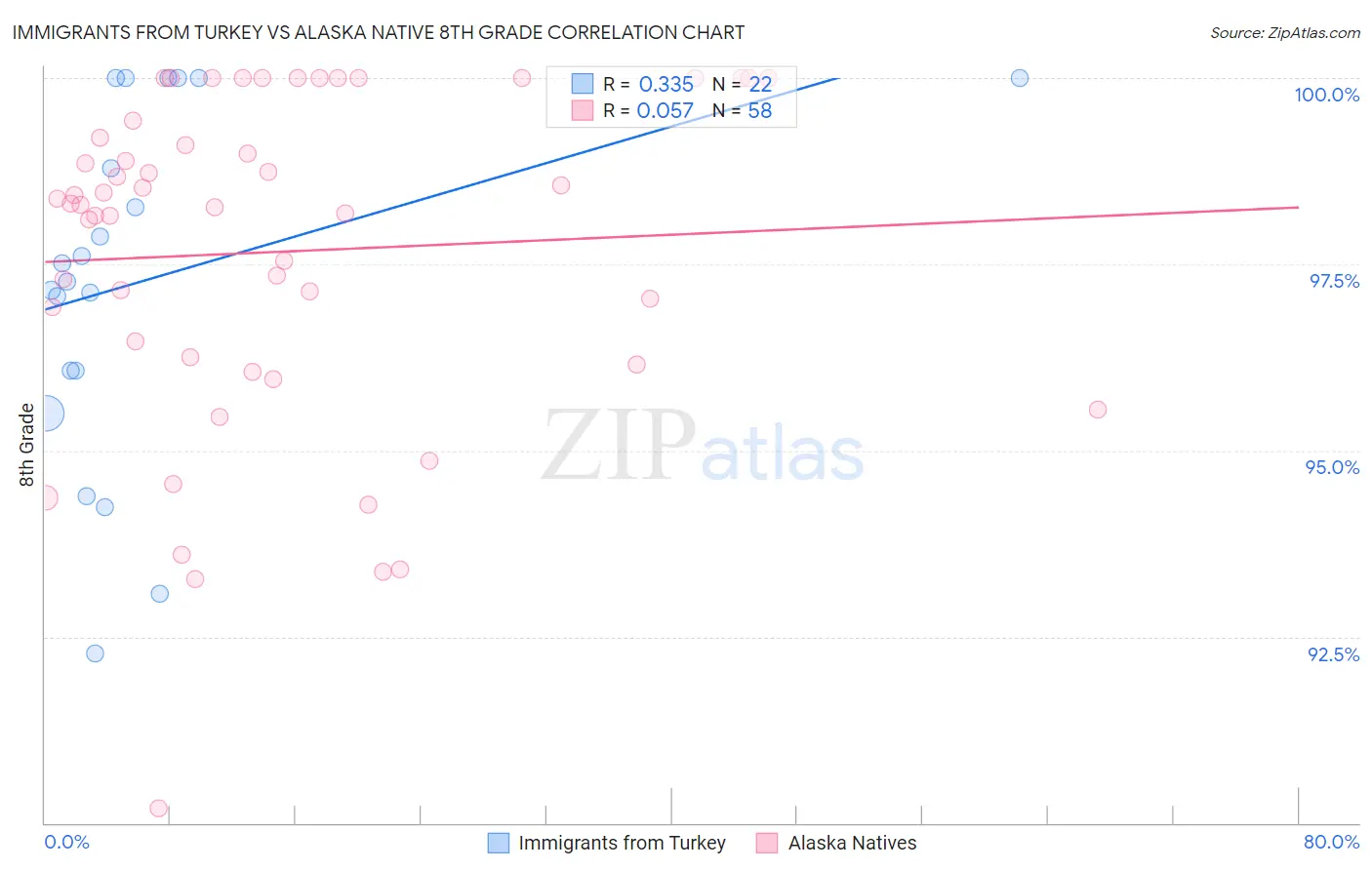 Immigrants from Turkey vs Alaska Native 8th Grade