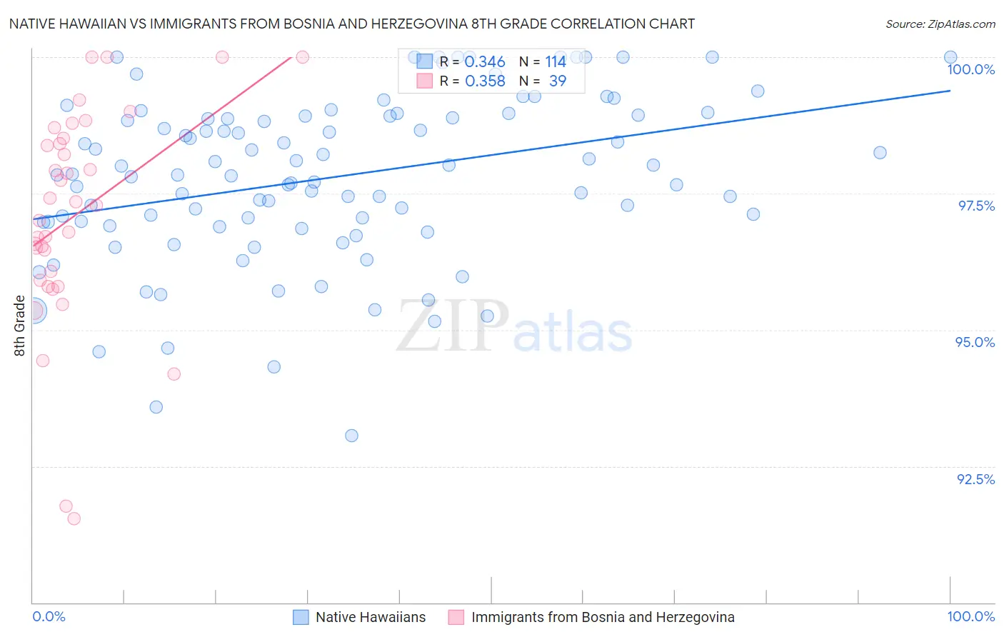 Native Hawaiian vs Immigrants from Bosnia and Herzegovina 8th Grade