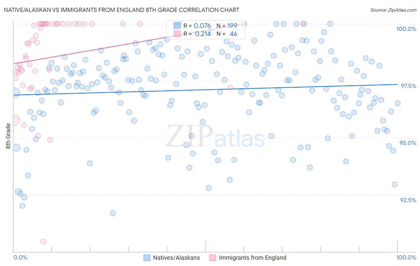 Native/Alaskan vs Immigrants from England 8th Grade