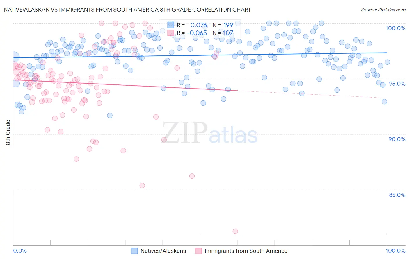 Native/Alaskan vs Immigrants from South America 8th Grade