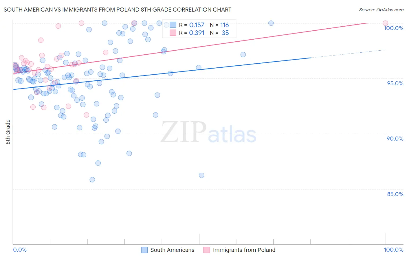 South American vs Immigrants from Poland 8th Grade