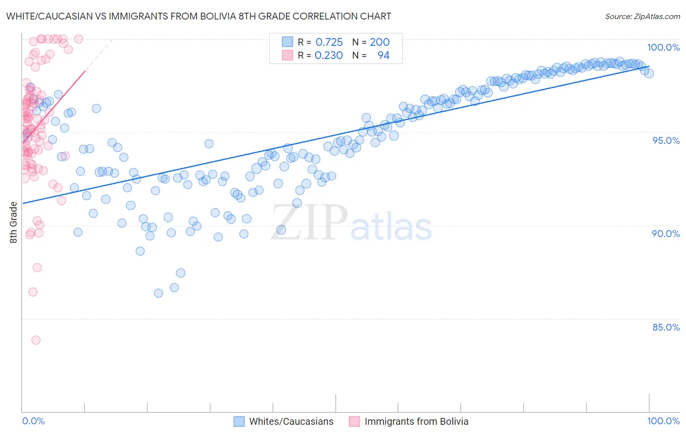 White/Caucasian vs Immigrants from Bolivia 8th Grade