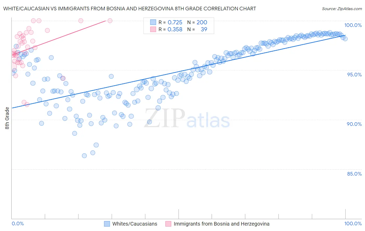 White/Caucasian vs Immigrants from Bosnia and Herzegovina 8th Grade