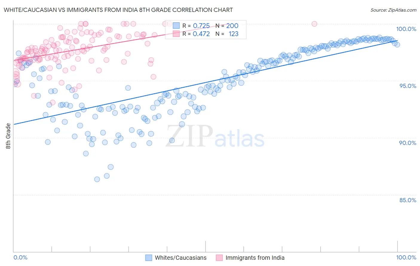 White/Caucasian vs Immigrants from India 8th Grade