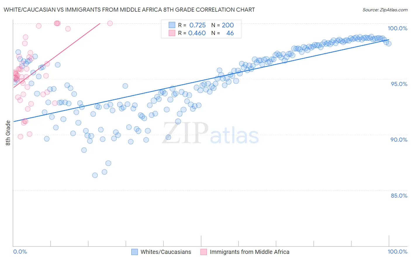 White/Caucasian vs Immigrants from Middle Africa 8th Grade