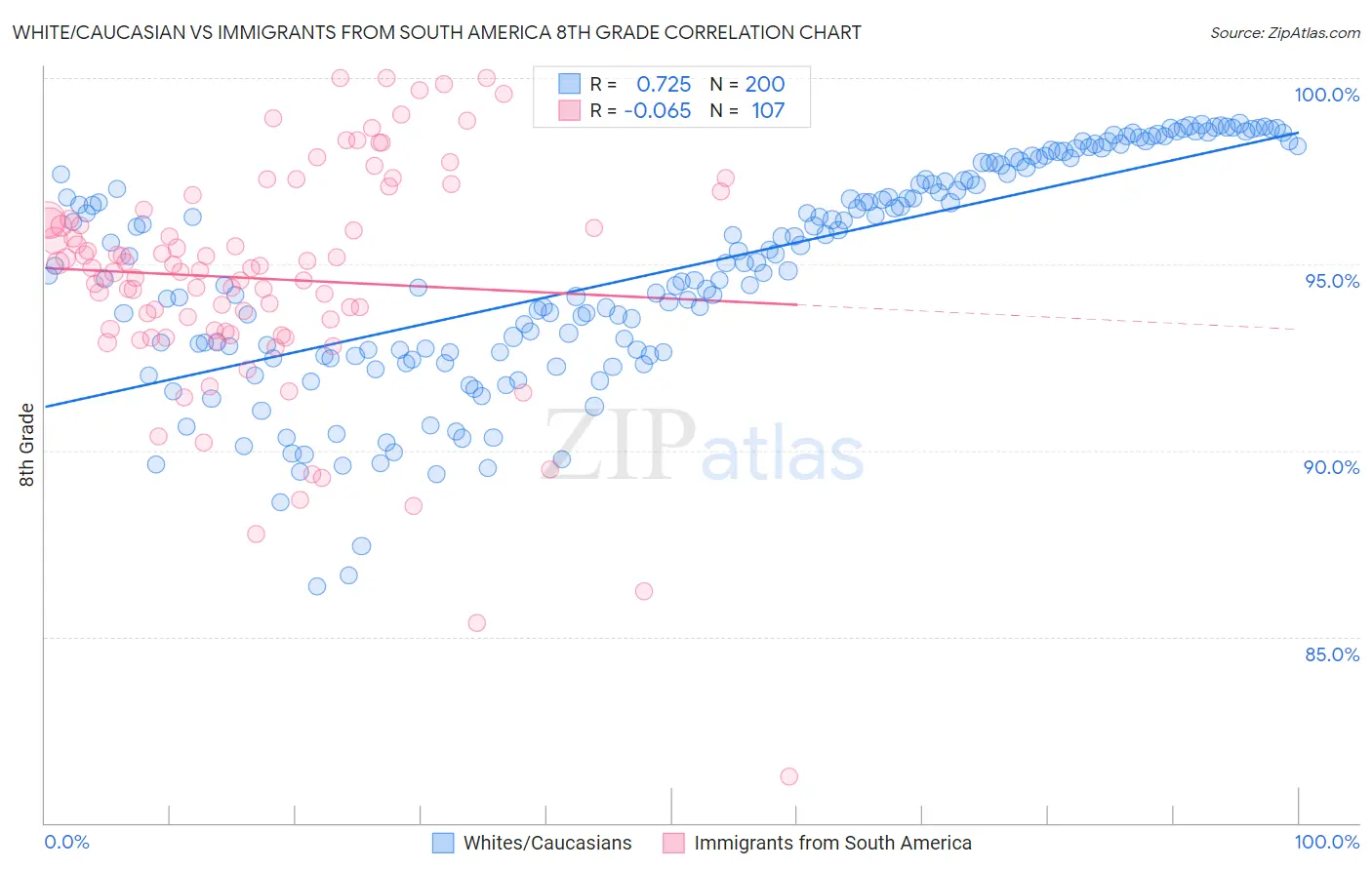 White/Caucasian vs Immigrants from South America 8th Grade