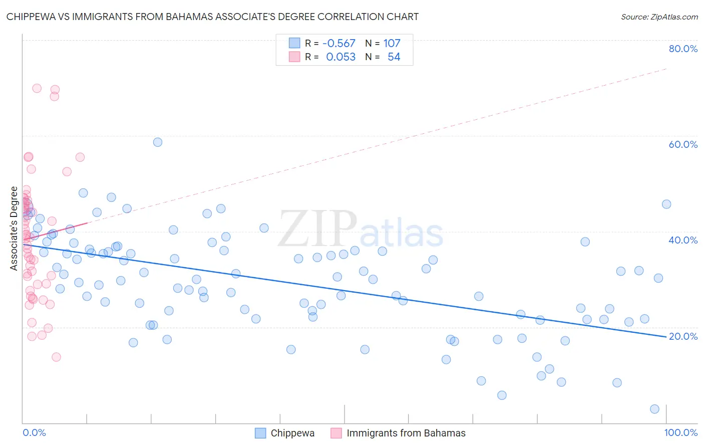 Chippewa vs Immigrants from Bahamas Associate's Degree