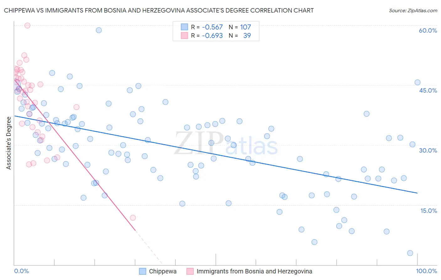 Chippewa vs Immigrants from Bosnia and Herzegovina Associate's Degree