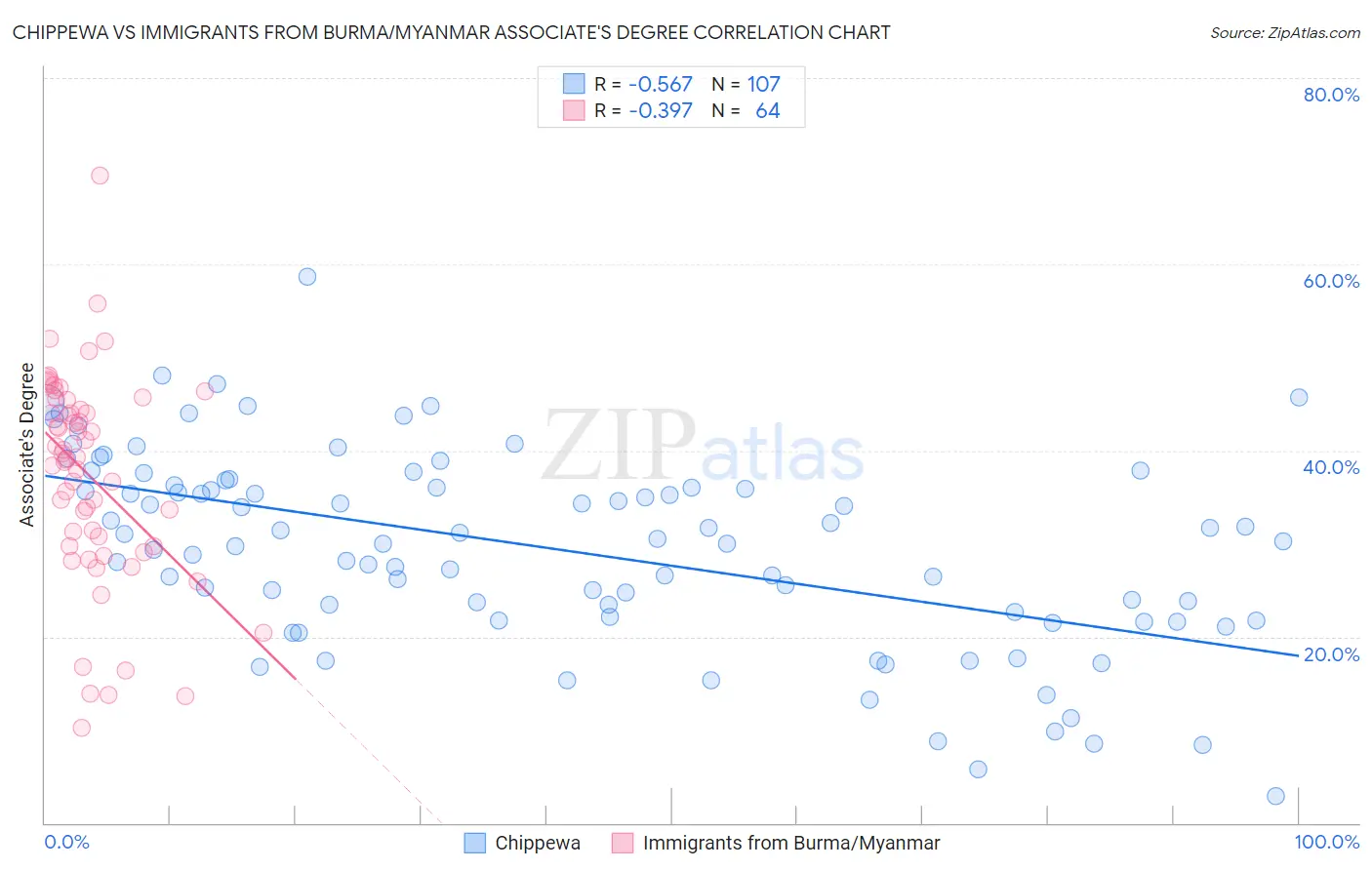 Chippewa vs Immigrants from Burma/Myanmar Associate's Degree
