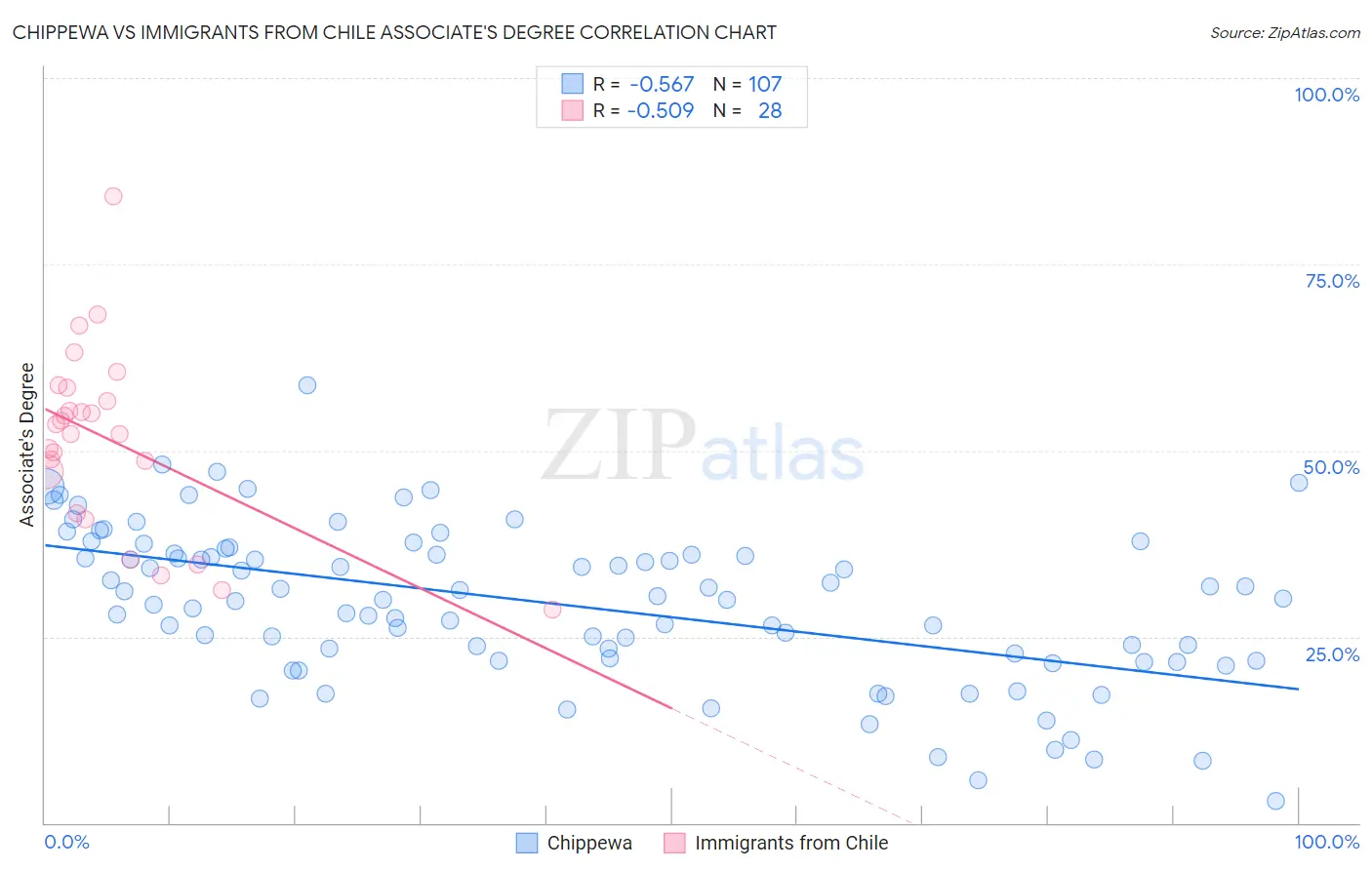 Chippewa vs Immigrants from Chile Associate's Degree
