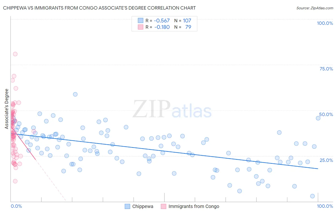 Chippewa vs Immigrants from Congo Associate's Degree
