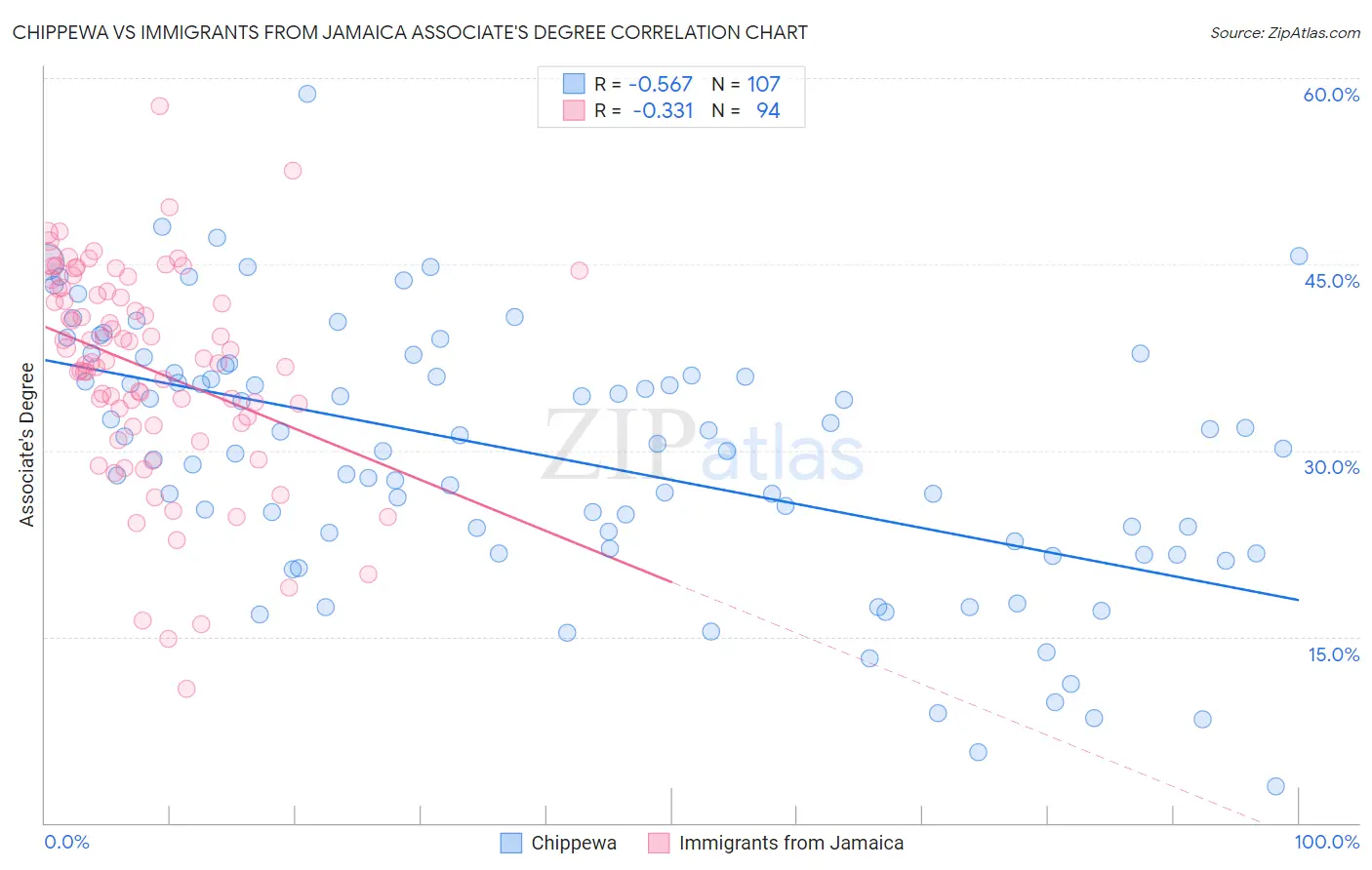 Chippewa vs Immigrants from Jamaica Associate's Degree