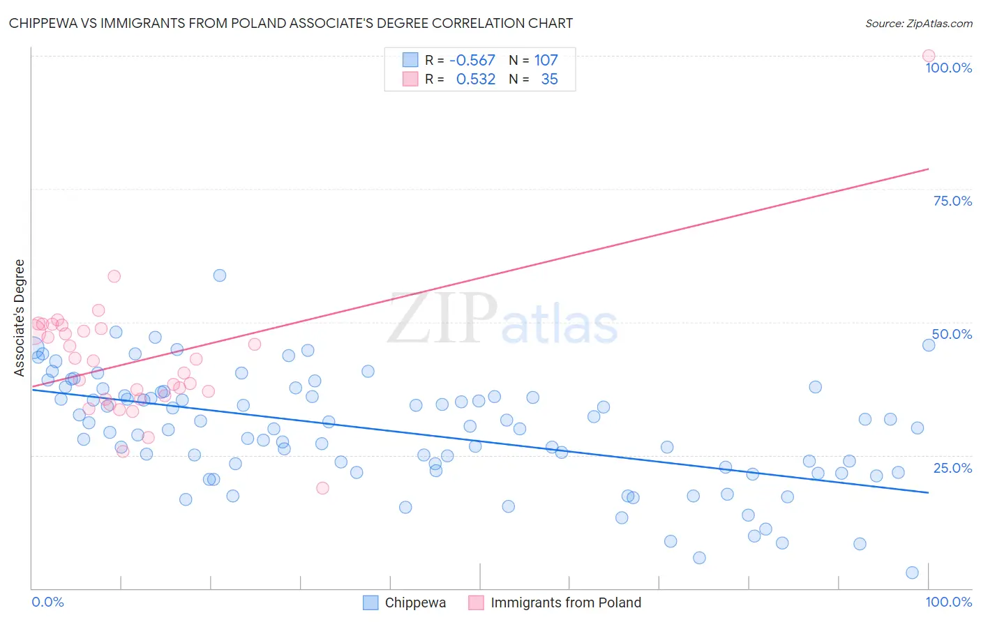 Chippewa vs Immigrants from Poland Associate's Degree