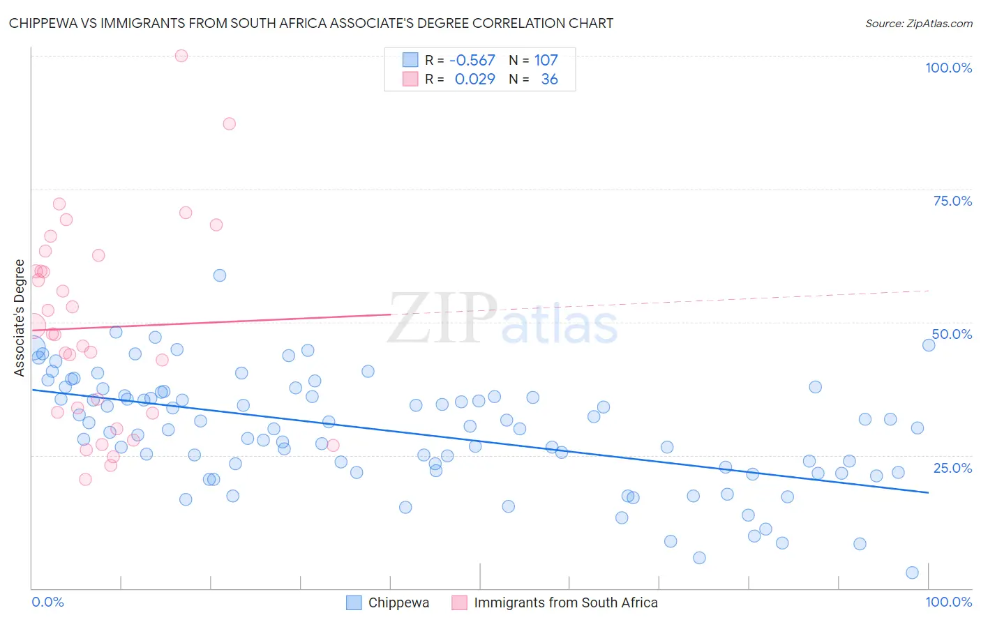Chippewa vs Immigrants from South Africa Associate's Degree