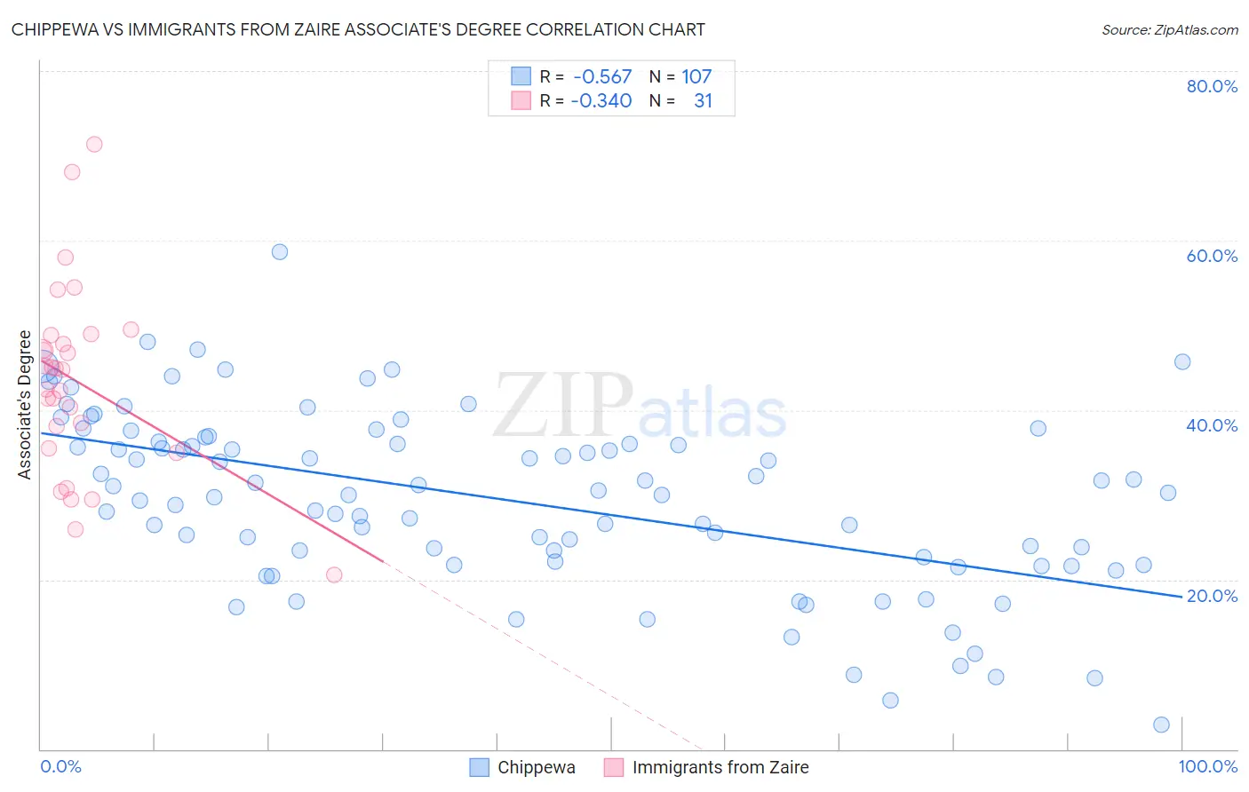 Chippewa vs Immigrants from Zaire Associate's Degree