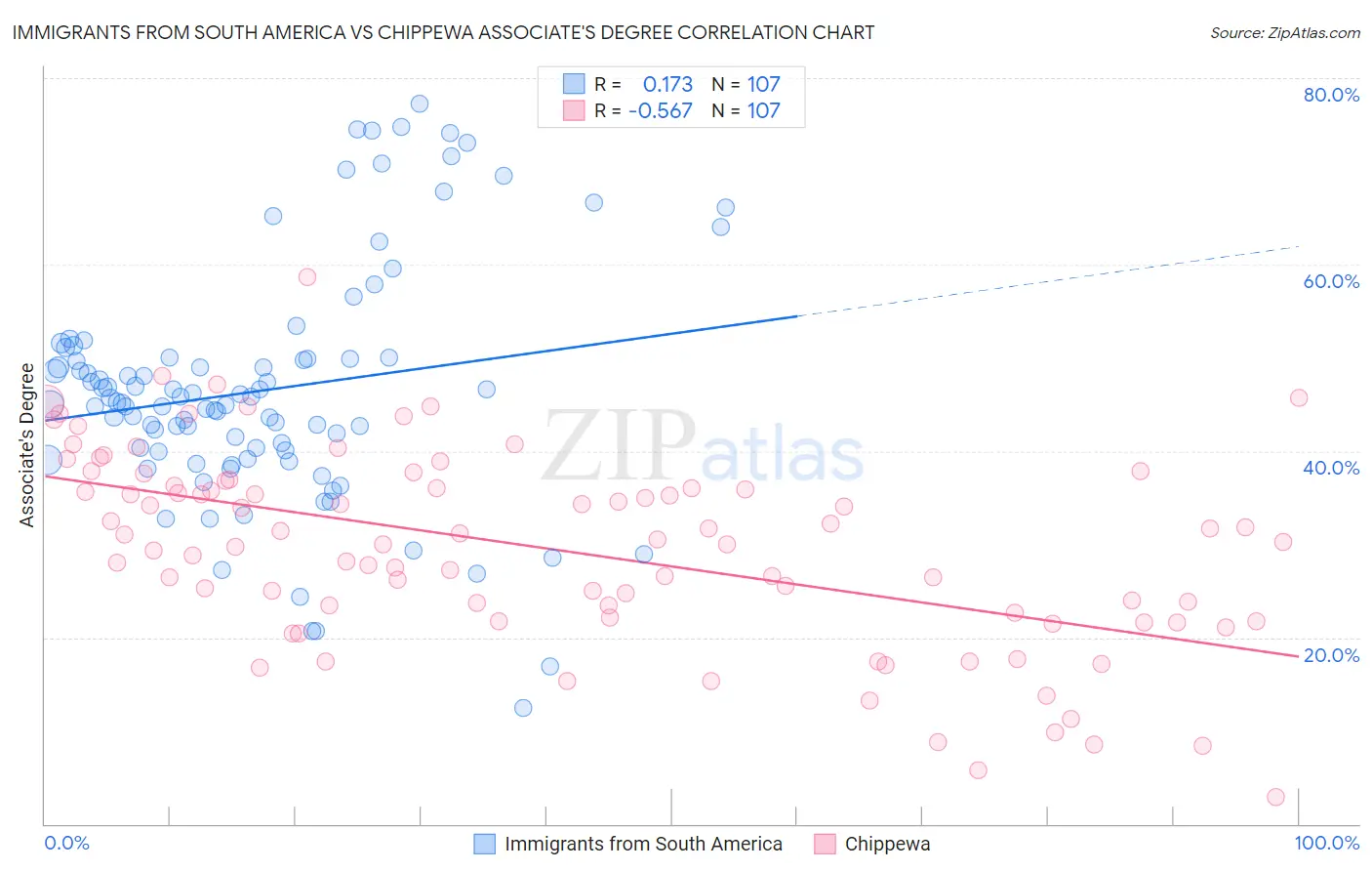 Immigrants from South America vs Chippewa Associate's Degree