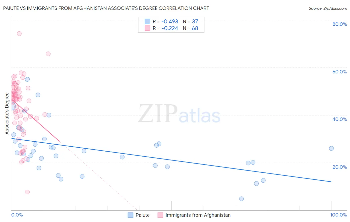 Paiute vs Immigrants from Afghanistan Associate's Degree