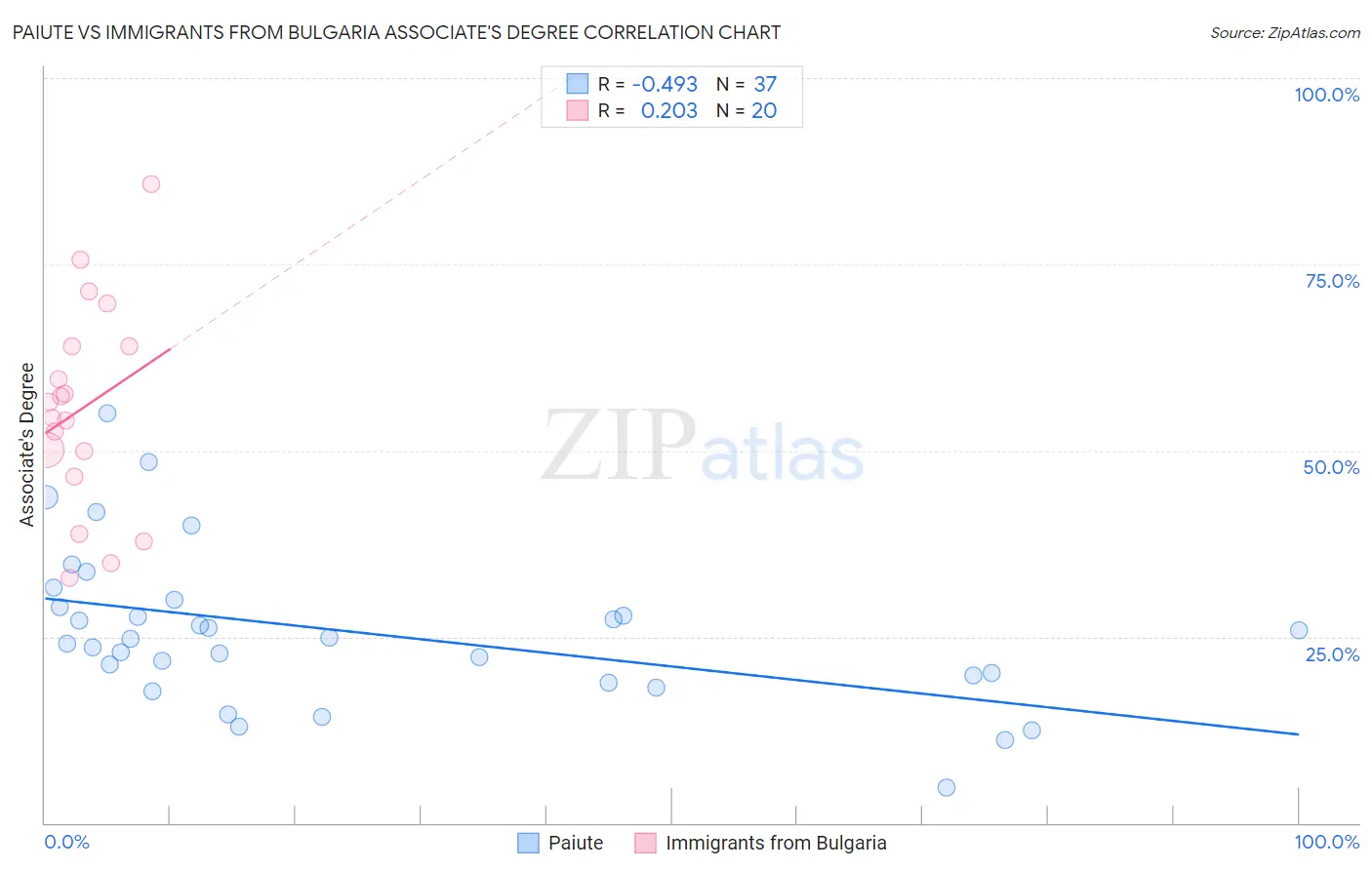 Paiute vs Immigrants from Bulgaria Associate's Degree