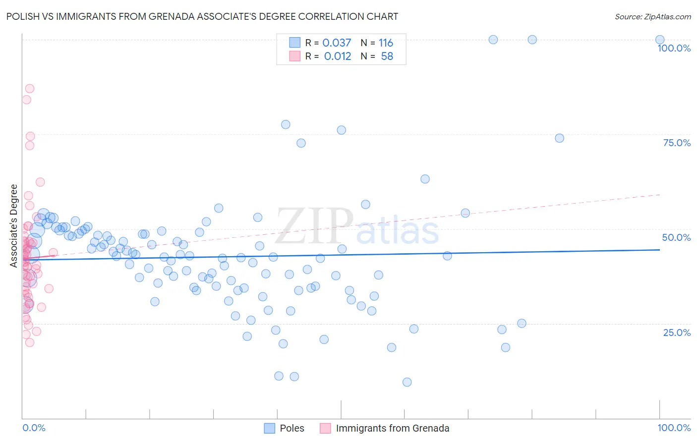 Polish vs Immigrants from Grenada Associate's Degree