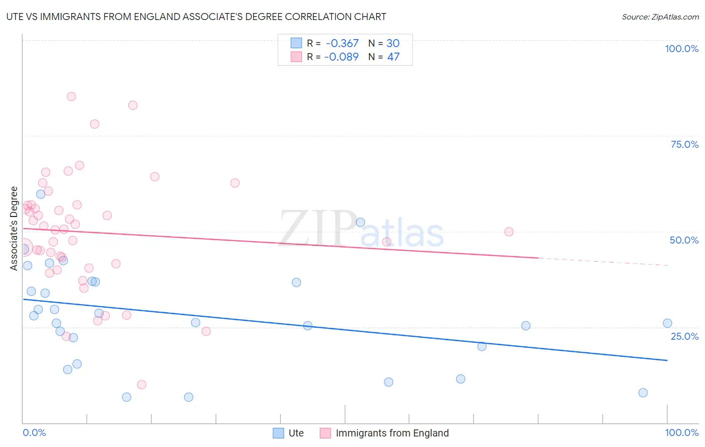 Ute vs Immigrants from England Associate's Degree