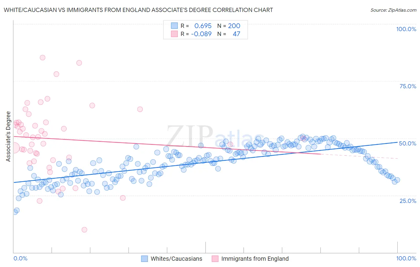 White/Caucasian vs Immigrants from England Associate's Degree