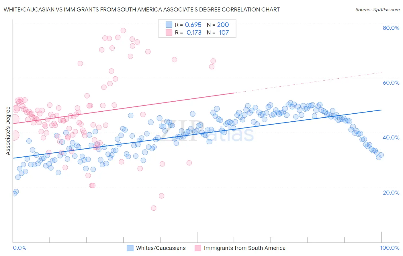 White/Caucasian vs Immigrants from South America Associate's Degree