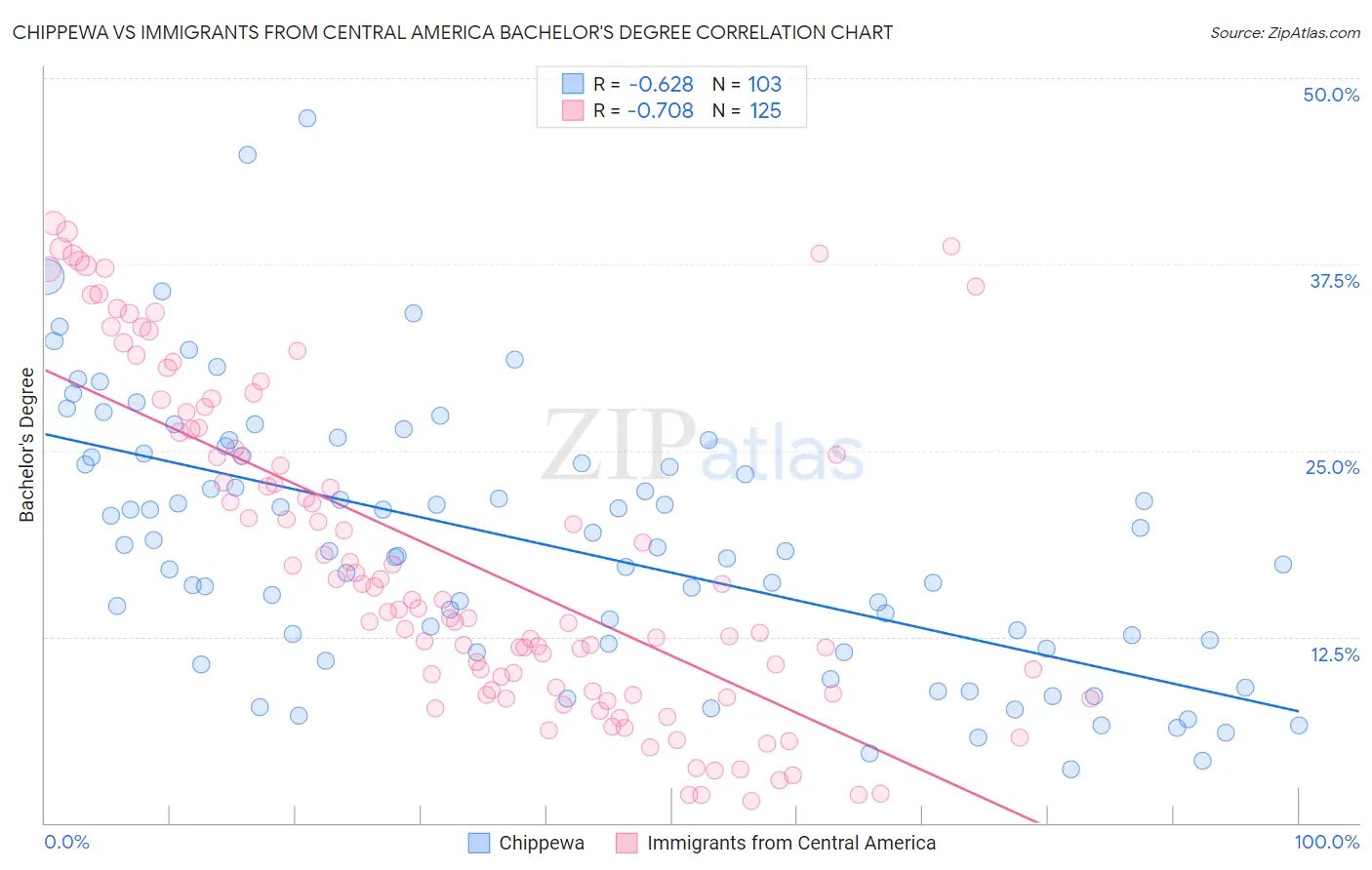 Chippewa vs Immigrants from Central America Bachelor's Degree