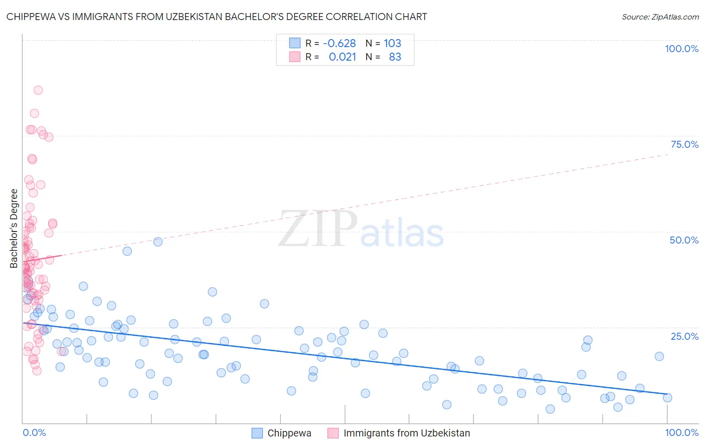 Chippewa vs Immigrants from Uzbekistan Bachelor's Degree