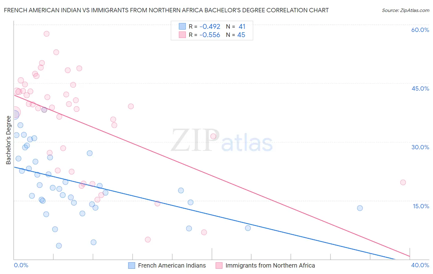 French American Indian vs Immigrants from Northern Africa Bachelor's Degree