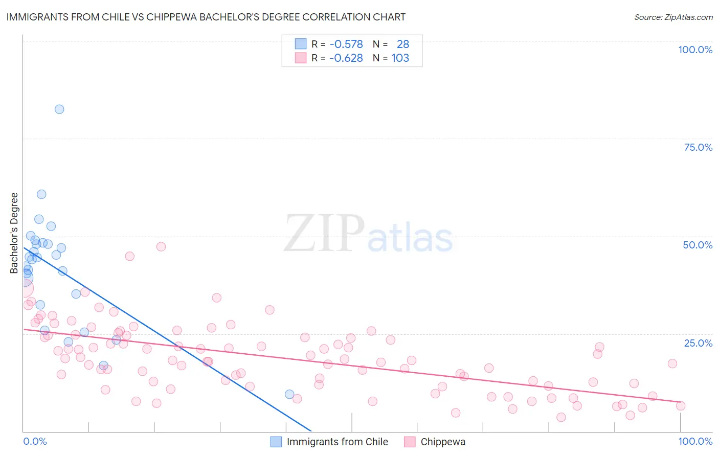 Immigrants from Chile vs Chippewa Bachelor's Degree